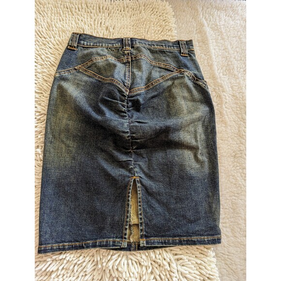 Vintage Cache Ruched Knee Length Denim Jean Skirt Sz 0 - Picture 7 of 13